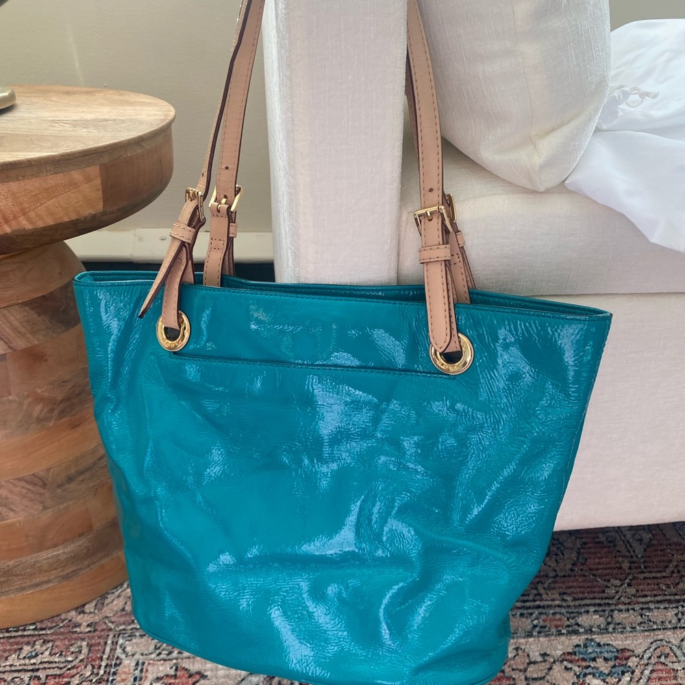 MICHAEL Michael Kors Teal Tote with Tan Straps